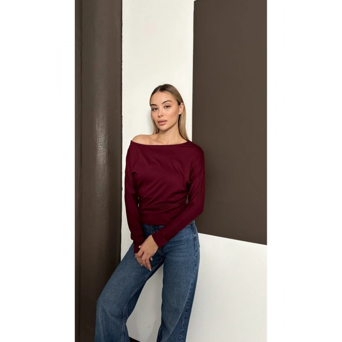 Kadın Bordo Kayık Yaka Yarasa Kol Bluz