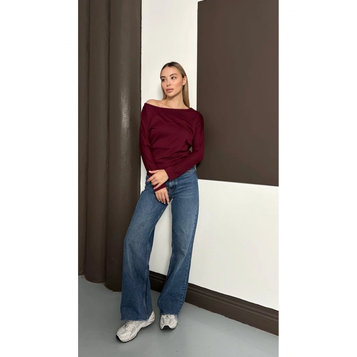 Kadın Bordo Kayık Yaka Yarasa Kol Bluz