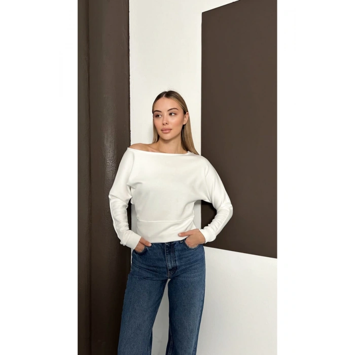 Kadın Beyaz Kayık Yaka Yarasa Kol Bluz