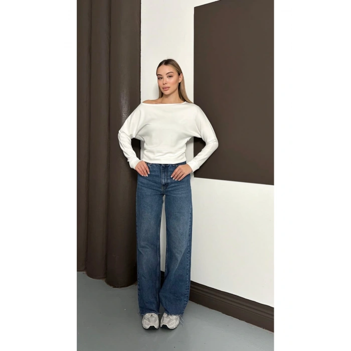 Kadın Beyaz Kayık Yaka Yarasa Kol Bluz