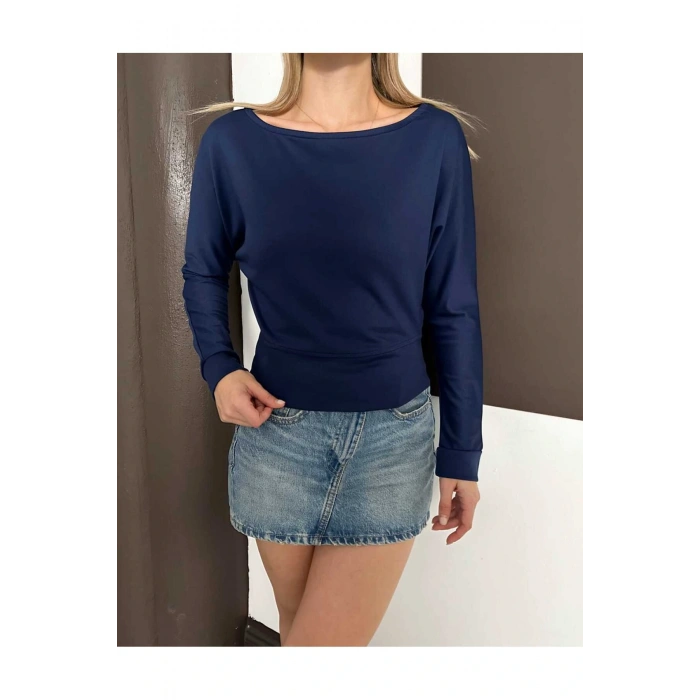 Kadın Lacivert Kayık Yaka Yarasa Kol Bluz