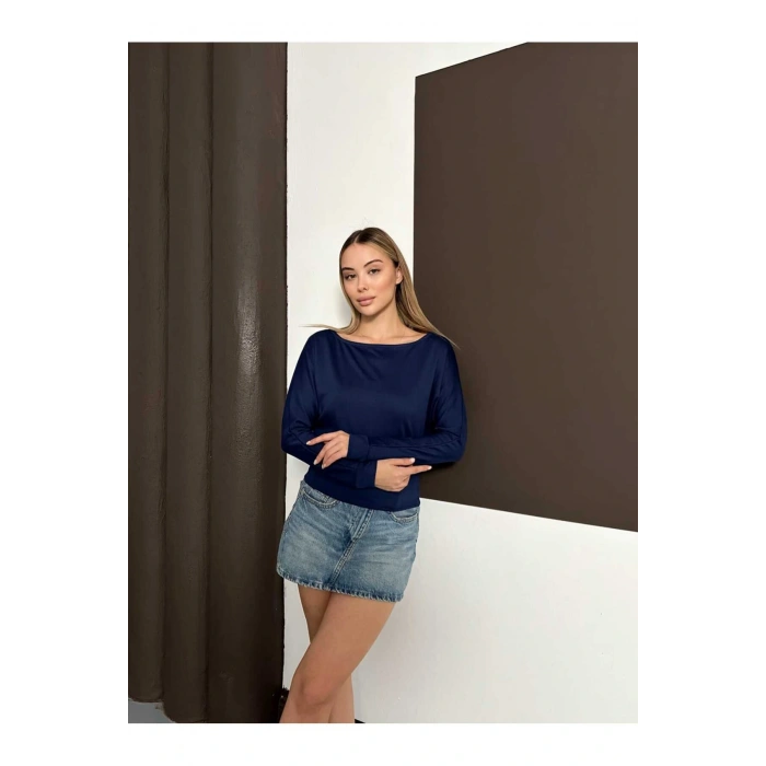 Kadın Lacivert Kayık Yaka Yarasa Kol Bluz