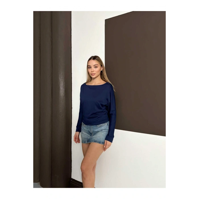 Kadın Lacivert Kayık Yaka Yarasa Kol Bluz