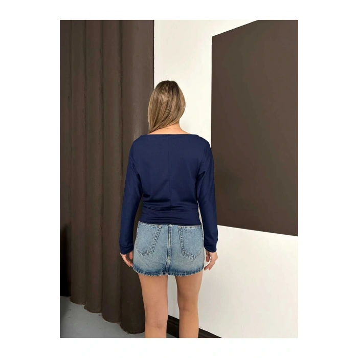 Kadın Lacivert Kayık Yaka Yarasa Kol Bluz