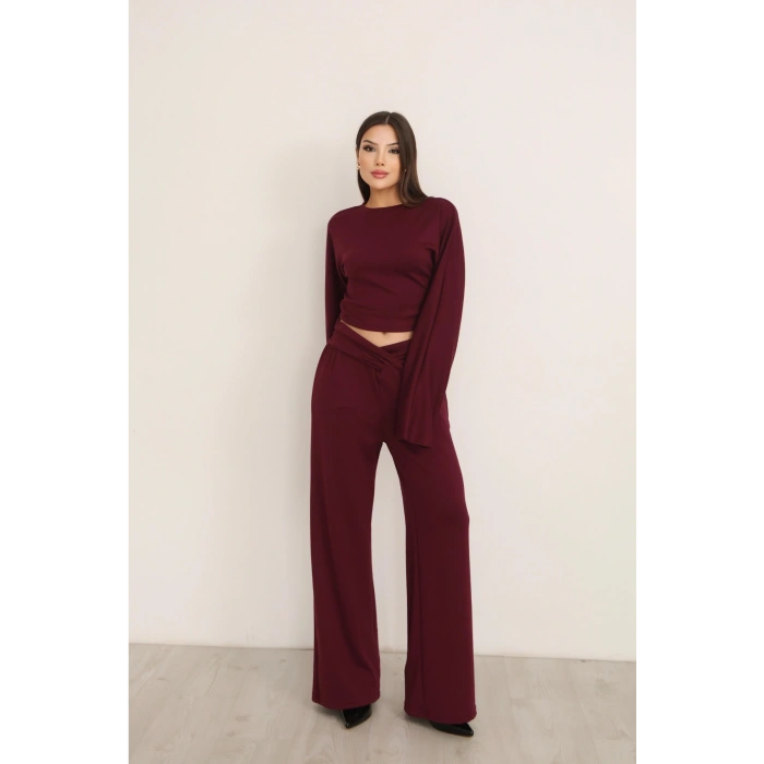 Kadın Bordo Çapraz Bel Palazzo Pantolonlu İkili Takım