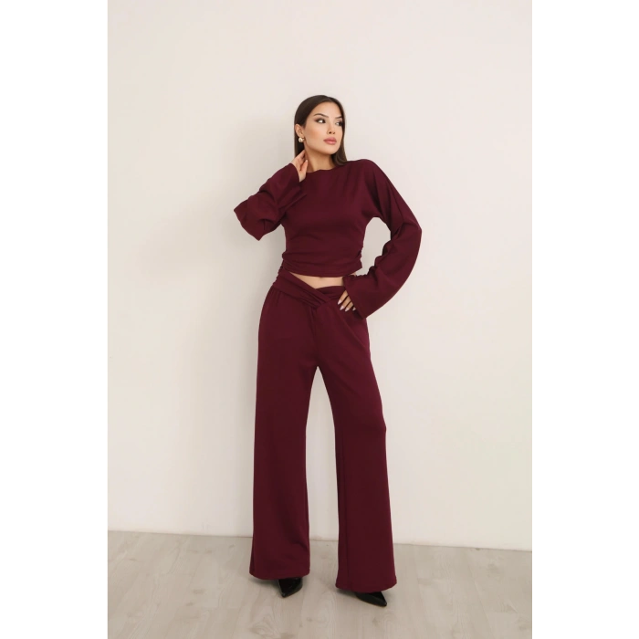Kadın Bordo Çapraz Bel Palazzo Pantolonlu İkili Takım