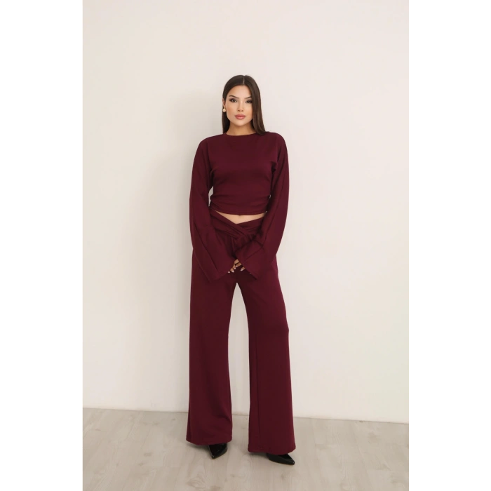 Kadın Bordo Çapraz Bel Palazzo Pantolonlu İkili Takım