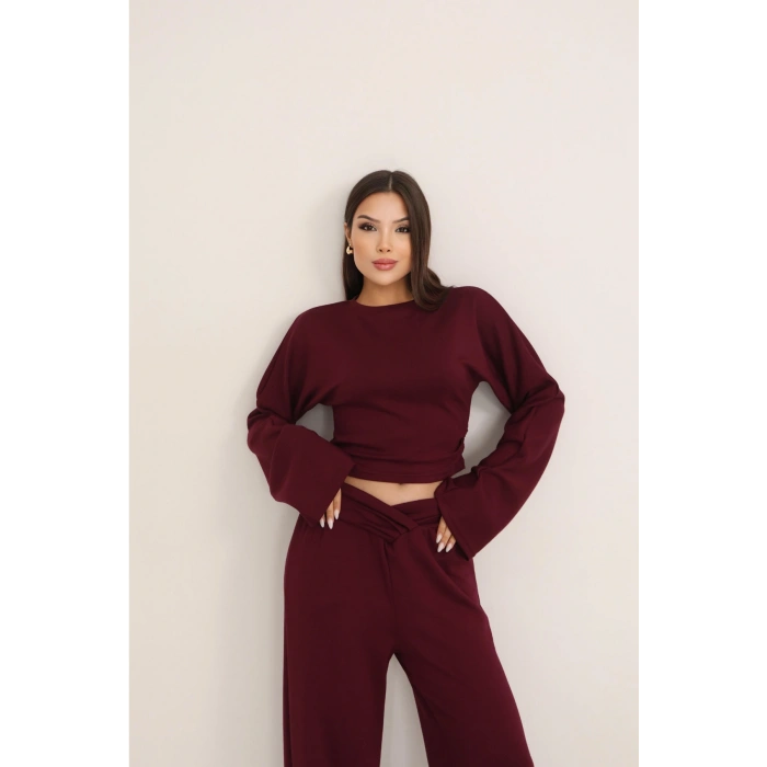 Kadın Bordo Çapraz Bel Palazzo Pantolonlu İkili Takım