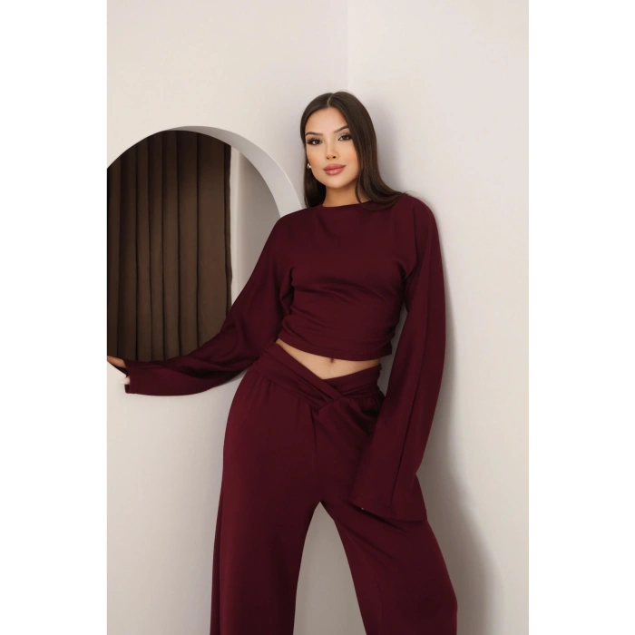 Kadın Bordo Çapraz Bel Palazzo Pantolonlu İkili Takım