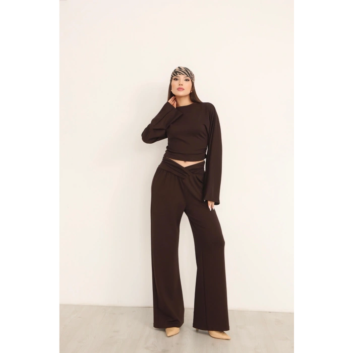Kadın Kahverengi Çapraz Bel Palazzo Pantolonlu İkili Takım