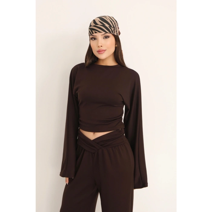 Kadın Kahverengi Çapraz Bel Palazzo Pantolonlu İkili Takım