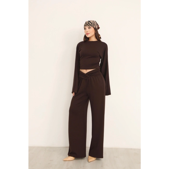 Kadın Kahverengi Çapraz Bel Palazzo Pantolonlu İkili Takım