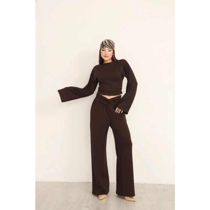 Kadın Kahverengi Çapraz Bel Palazzo Pantolonlu İkili Takım