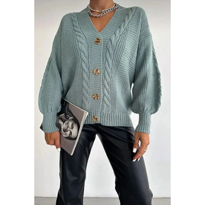 Kadın Mint V Yaka Düğmeli Saç Örgü Triko Hırka