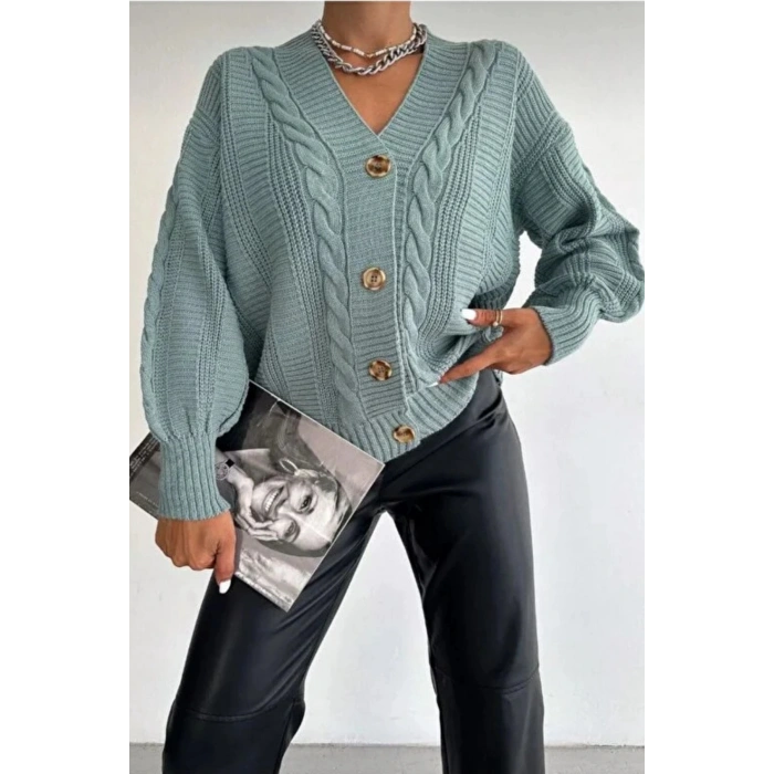 Kadın Mint V Yaka Düğmeli Saç Örgü Triko Hırka