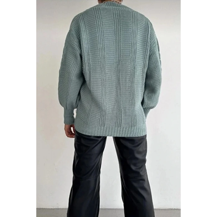 Kadın Mint V Yaka Düğmeli Saç Örgü Triko Hırka