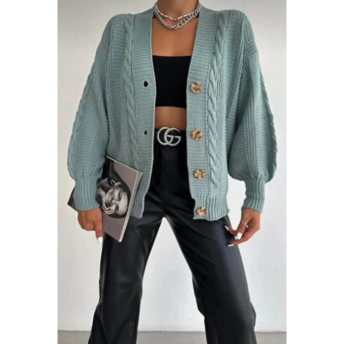 Kadın Mint V Yaka Düğmeli Saç Örgü Triko Hırka