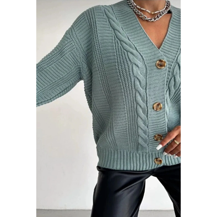 Kadın Mint V Yaka Düğmeli Saç Örgü Triko Hırka