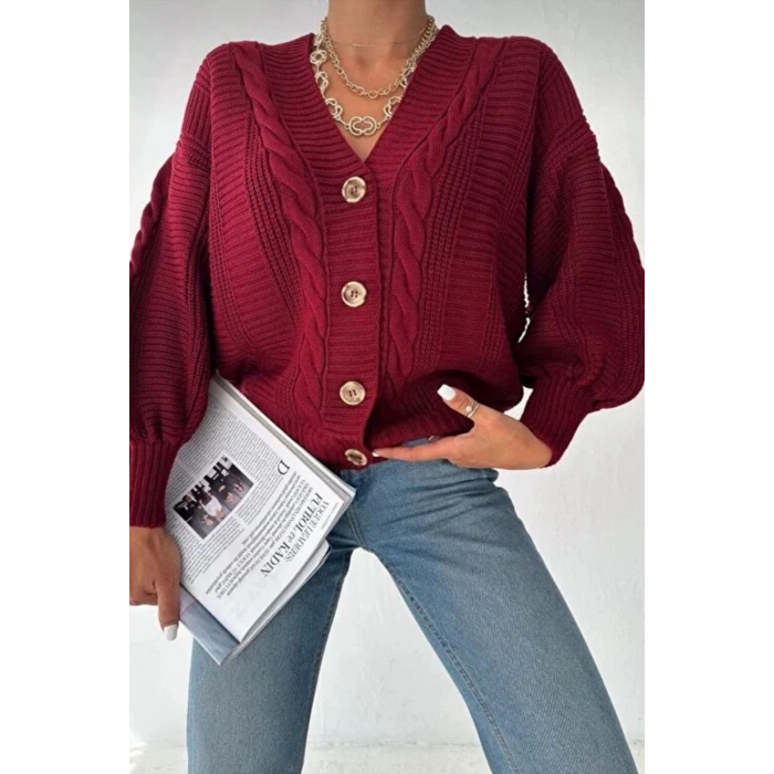 Kadın Bordo V Yaka Düğmeli Saç Örgü Triko Hırka