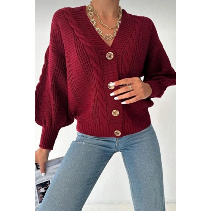 Kadın Bordo V Yaka Düğmeli Saç Örgü Triko Hırka