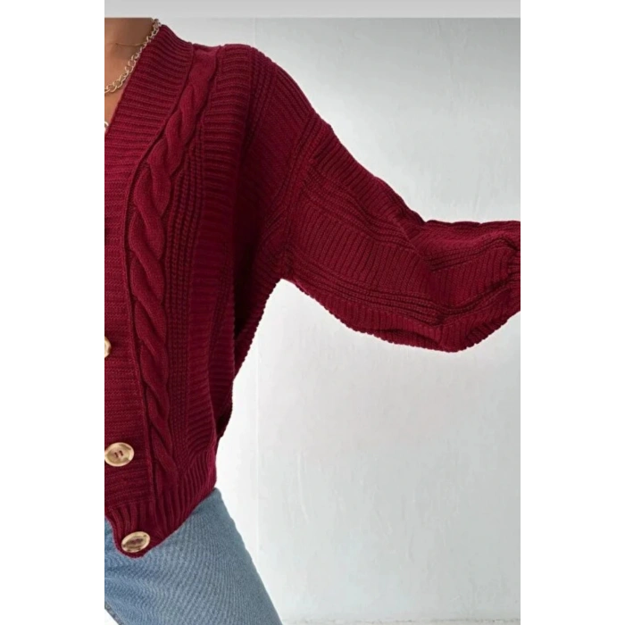 Kadın Bordo V Yaka Düğmeli Saç Örgü Triko Hırka