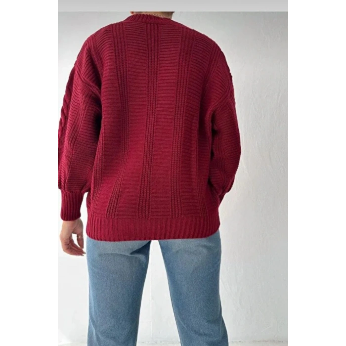 Kadın Bordo V Yaka Düğmeli Saç Örgü Triko Hırka