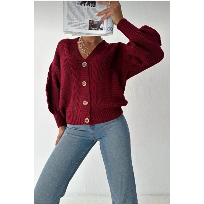Kadın Bordo V Yaka Düğmeli Saç Örgü Triko Hırka