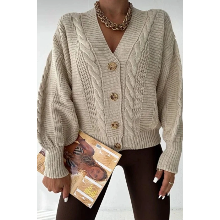 Kadın Bej V Yaka Düğmeli Saç Örgü Triko Hırka