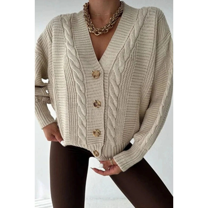 Kadın Bej V Yaka Düğmeli Saç Örgü Triko Hırka