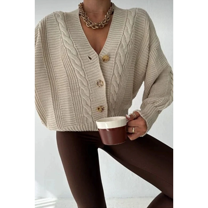 Kadın Bej V Yaka Düğmeli Saç Örgü Triko Hırka