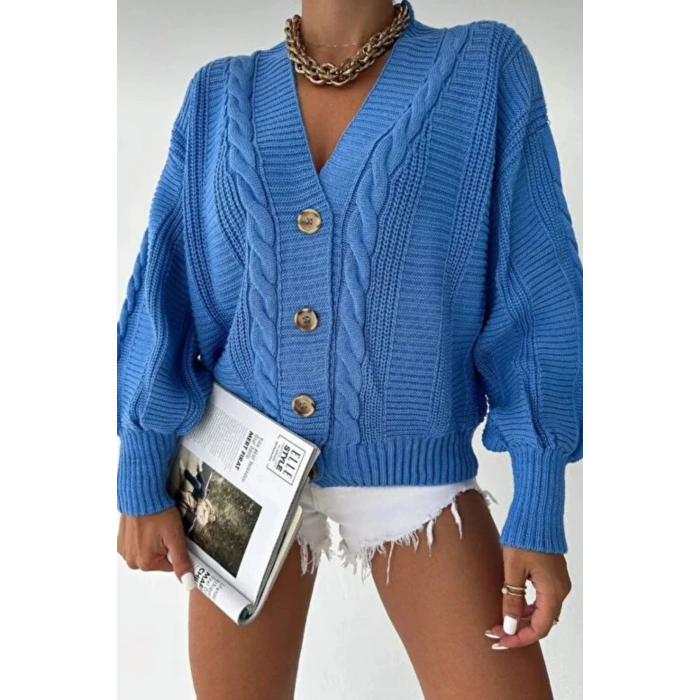 Kadın Lacivert V Yaka Düğmeli Saç Örgü Triko Hırka