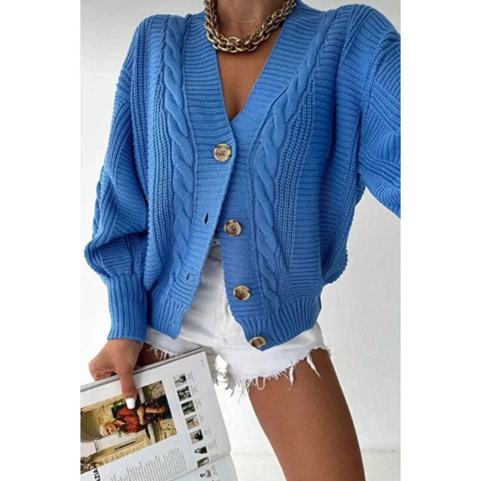 Kadın Lacivert V Yaka Düğmeli Saç Örgü Triko Hırka