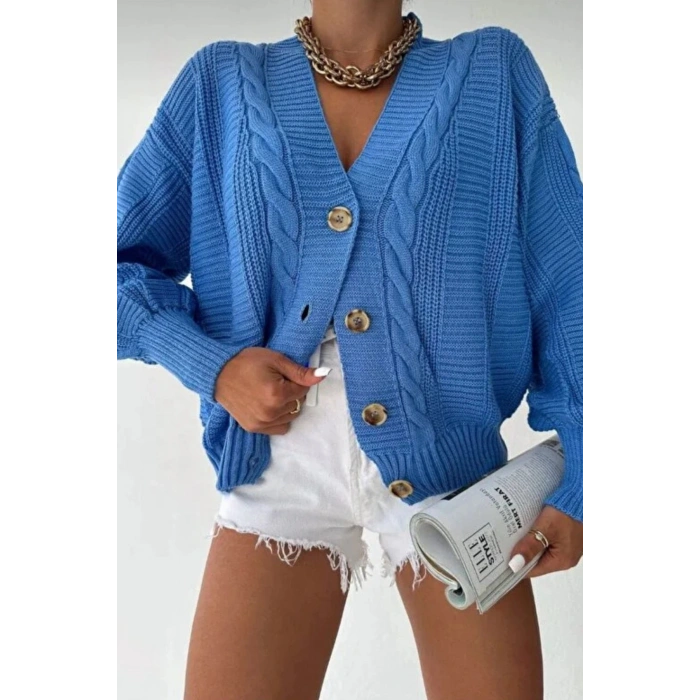 Kadın Lacivert V Yaka Düğmeli Saç Örgü Triko Hırka