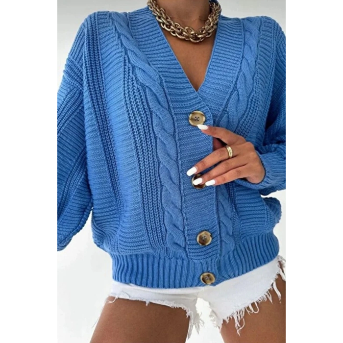 Kadın Lacivert V Yaka Düğmeli Saç Örgü Triko Hırka