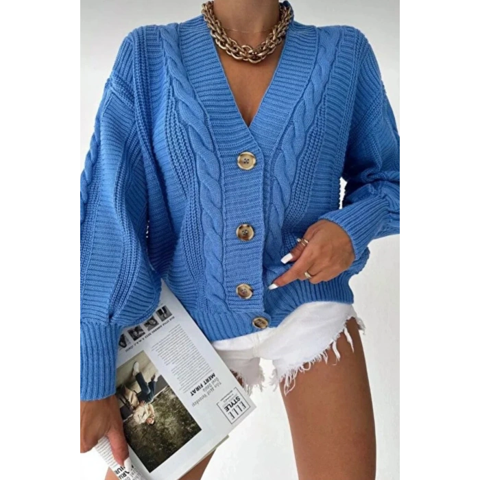 Kadın Lacivert V Yaka Düğmeli Saç Örgü Triko Hırka