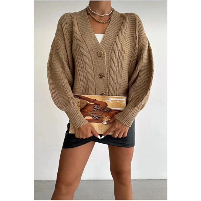 Kadın Vizon V Yaka Düğmeli Saç Örgü Triko Hırka