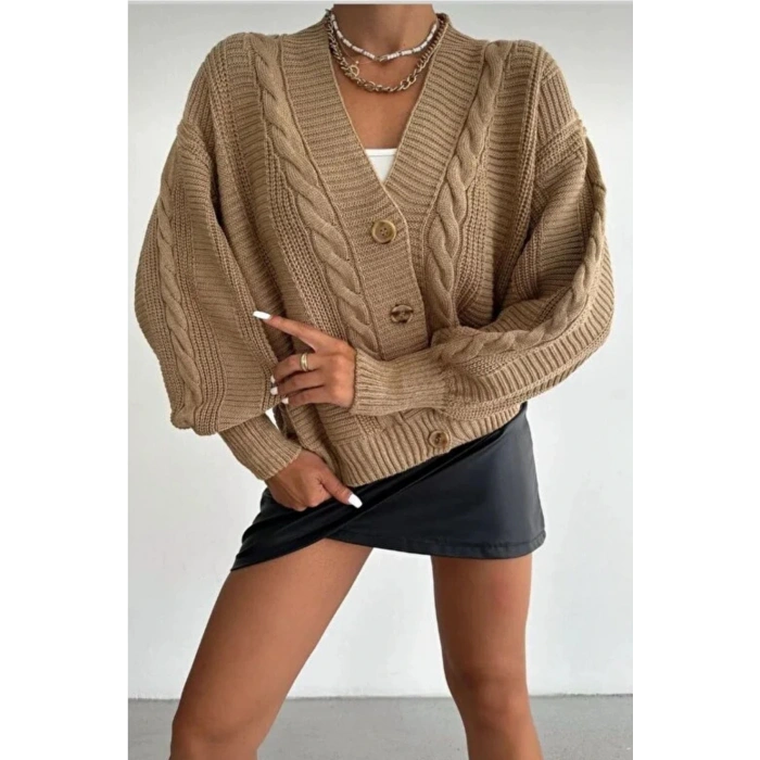 Kadın Vizon V Yaka Düğmeli Saç Örgü Triko Hırka