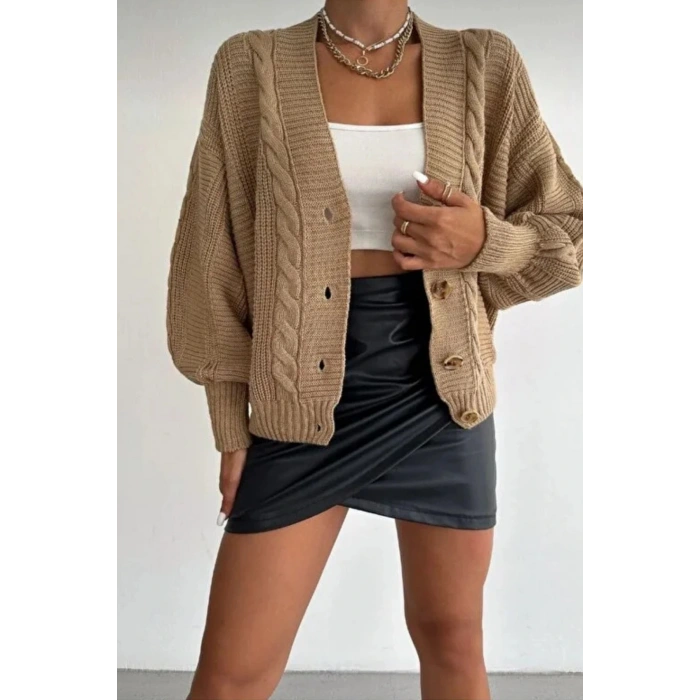 Kadın Vizon V Yaka Düğmeli Saç Örgü Triko Hırka