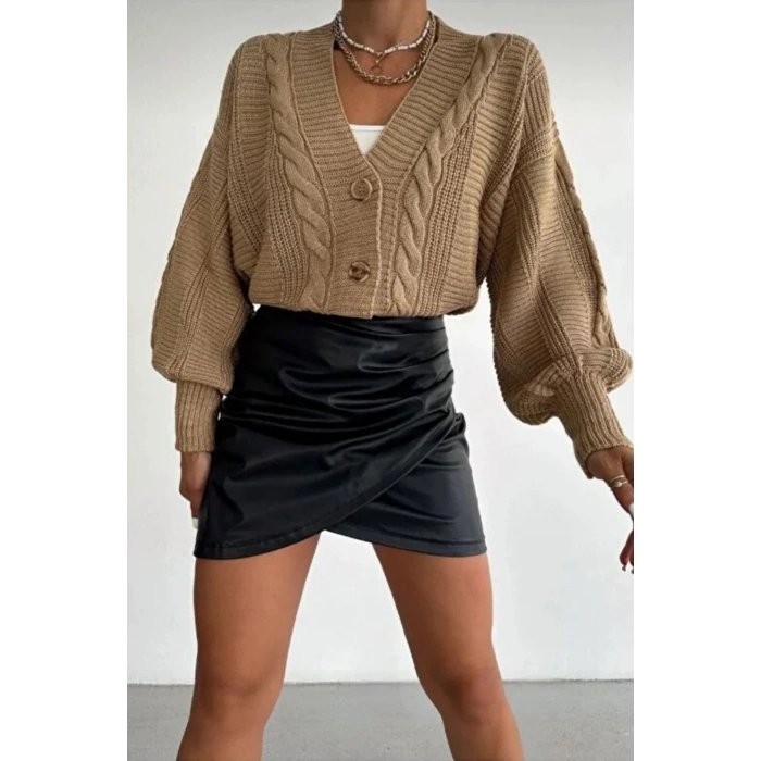 Kadın Vizon V Yaka Düğmeli Saç Örgü Triko Hırka