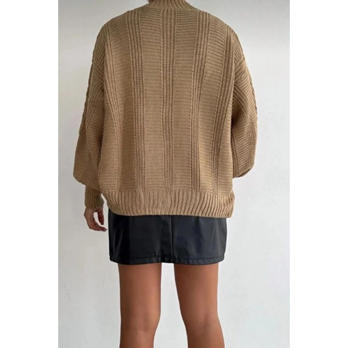 Kadın Vizon V Yaka Düğmeli Saç Örgü Triko Hırka