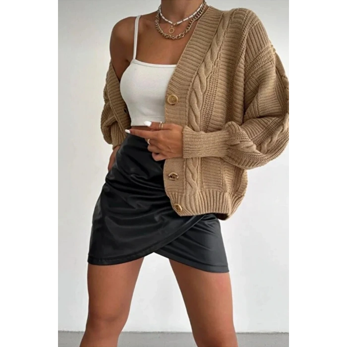 Kadın Vizon V Yaka Düğmeli Saç Örgü Triko Hırka