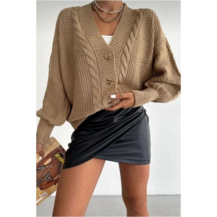 Kadın Vizon V Yaka Düğmeli Saç Örgü Triko Hırka