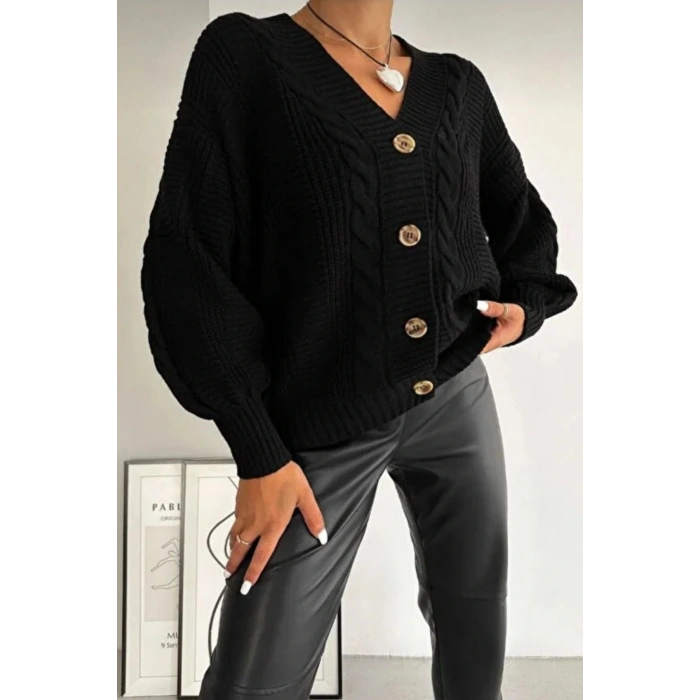 Kadın Siyah V Yaka Düğmeli Saç Örgü Triko Hırka