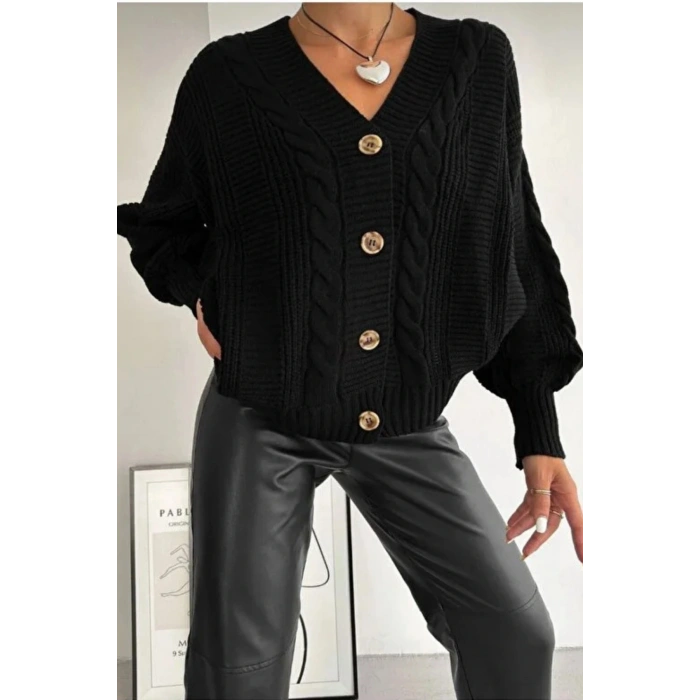 Kadın Siyah V Yaka Düğmeli Saç Örgü Triko Hırka
