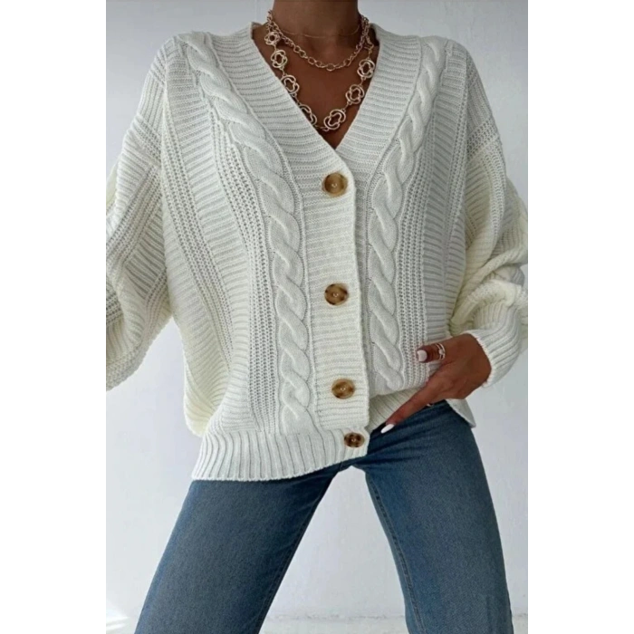 Kadın Ekru V Yaka Düğmeli Saç Örgü Triko Hırka