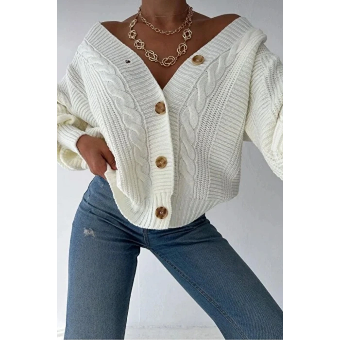 Kadın Ekru V Yaka Düğmeli Saç Örgü Triko Hırka