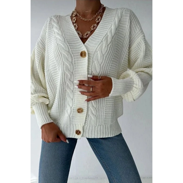 Kadın Ekru V Yaka Düğmeli Saç Örgü Triko Hırka