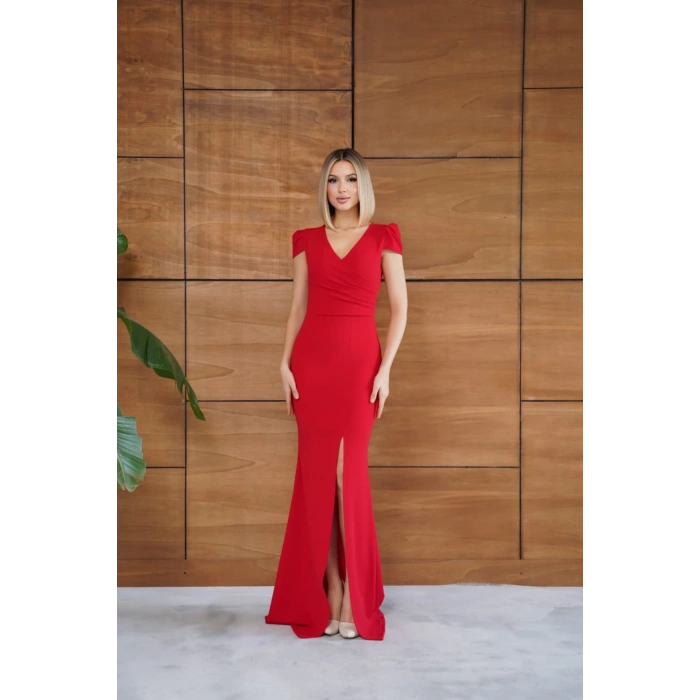 Kadın Kırmızı V Yaka Yırtmaçlı Kalem Elbise