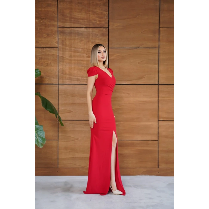 Kadın Kırmızı V Yaka Yırtmaçlı Kalem Elbise