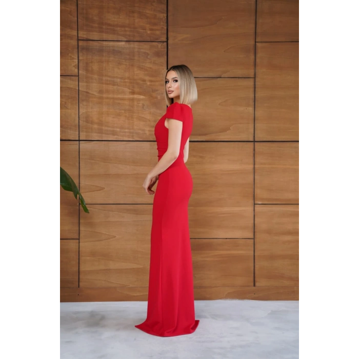 Kadın Kırmızı V Yaka Yırtmaçlı Kalem Elbise